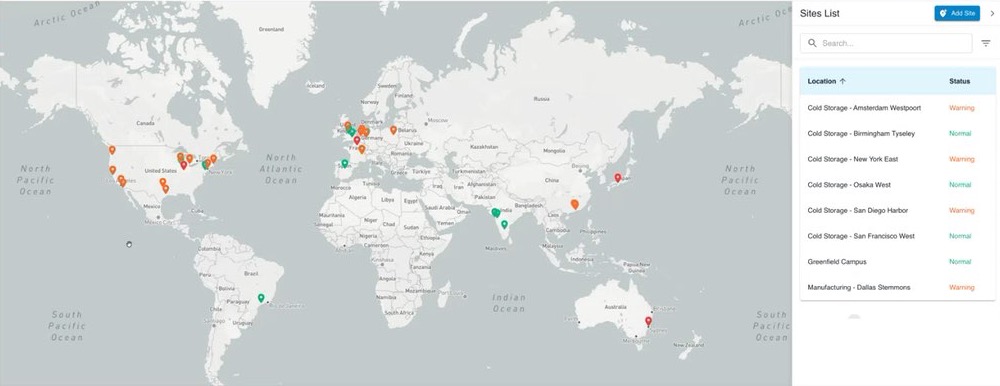 The Aqueduct site map: every site in a portfolio, with live status for each one.