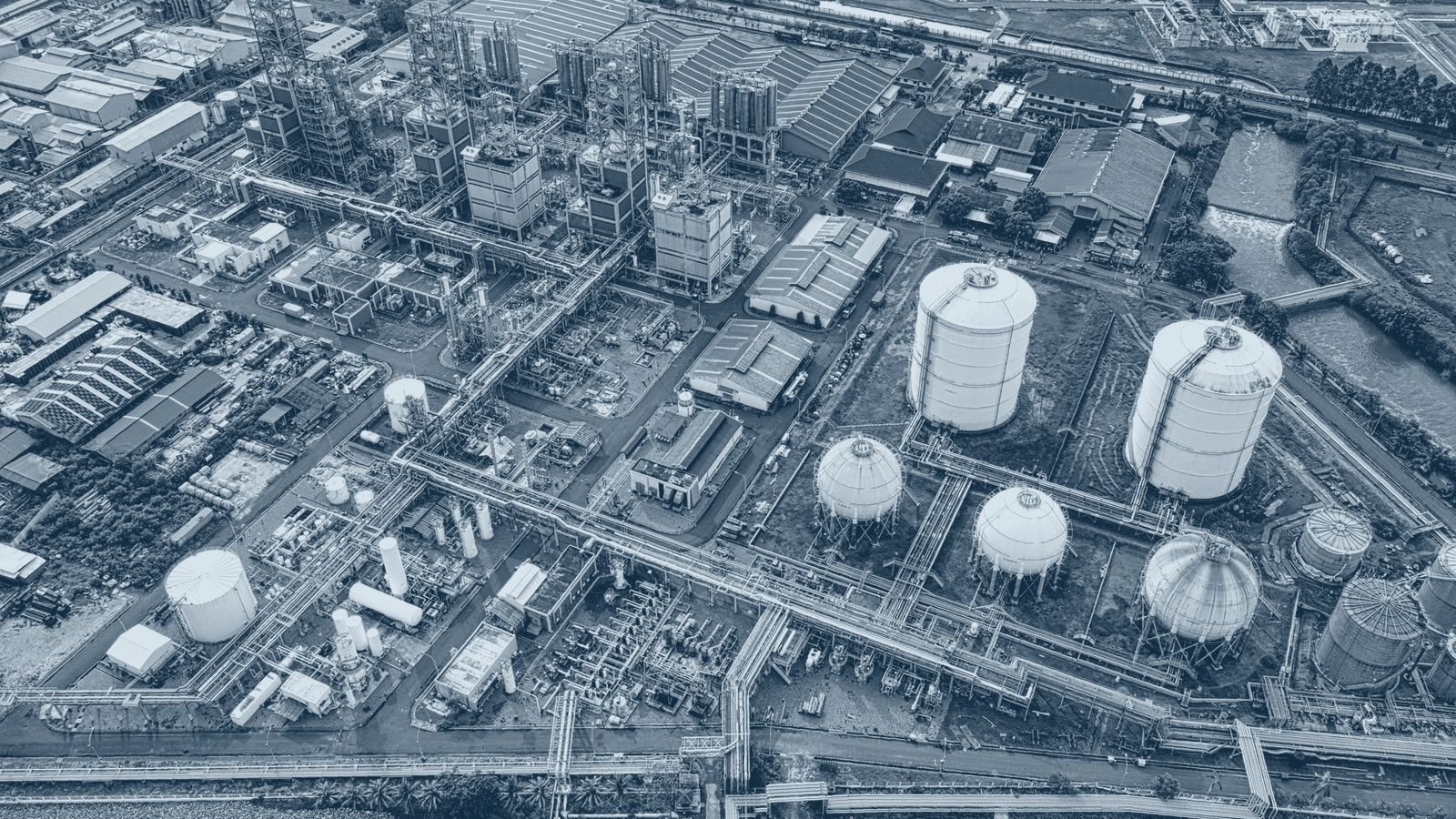 Aerial view of a large industrial manufacturing campus and its utility plant